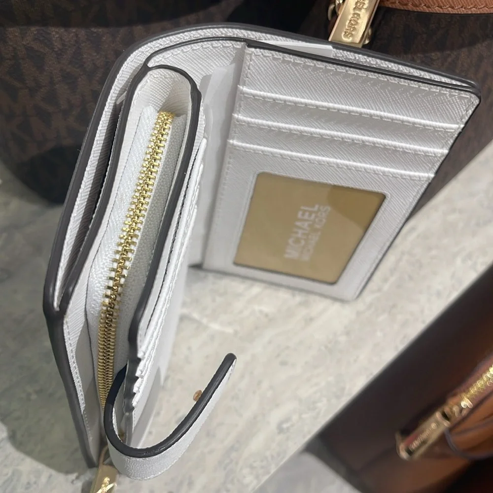 Michael Medium Crossgrain Leather Bifold Wallet Optic White NWT